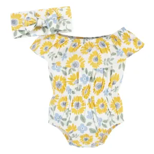 2-Piece Baby Girls Sunny Garden Wide Neck Sunsuit Romper & Headband Set