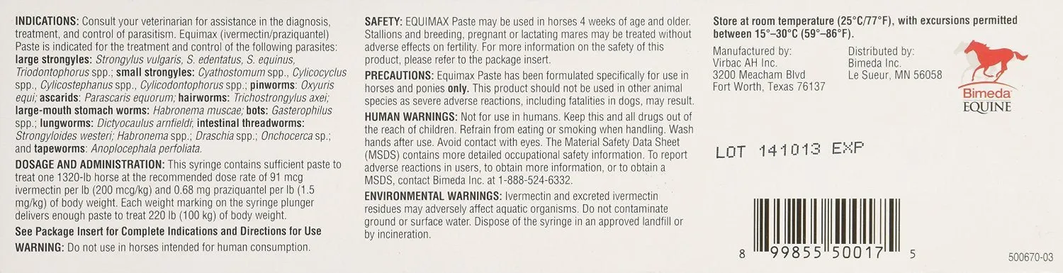 (3 Pack) Bimeda Equimax Horse Wormer Ivermectin 1.87 Percent and Praziquantel 14.03Percent Paste Tube