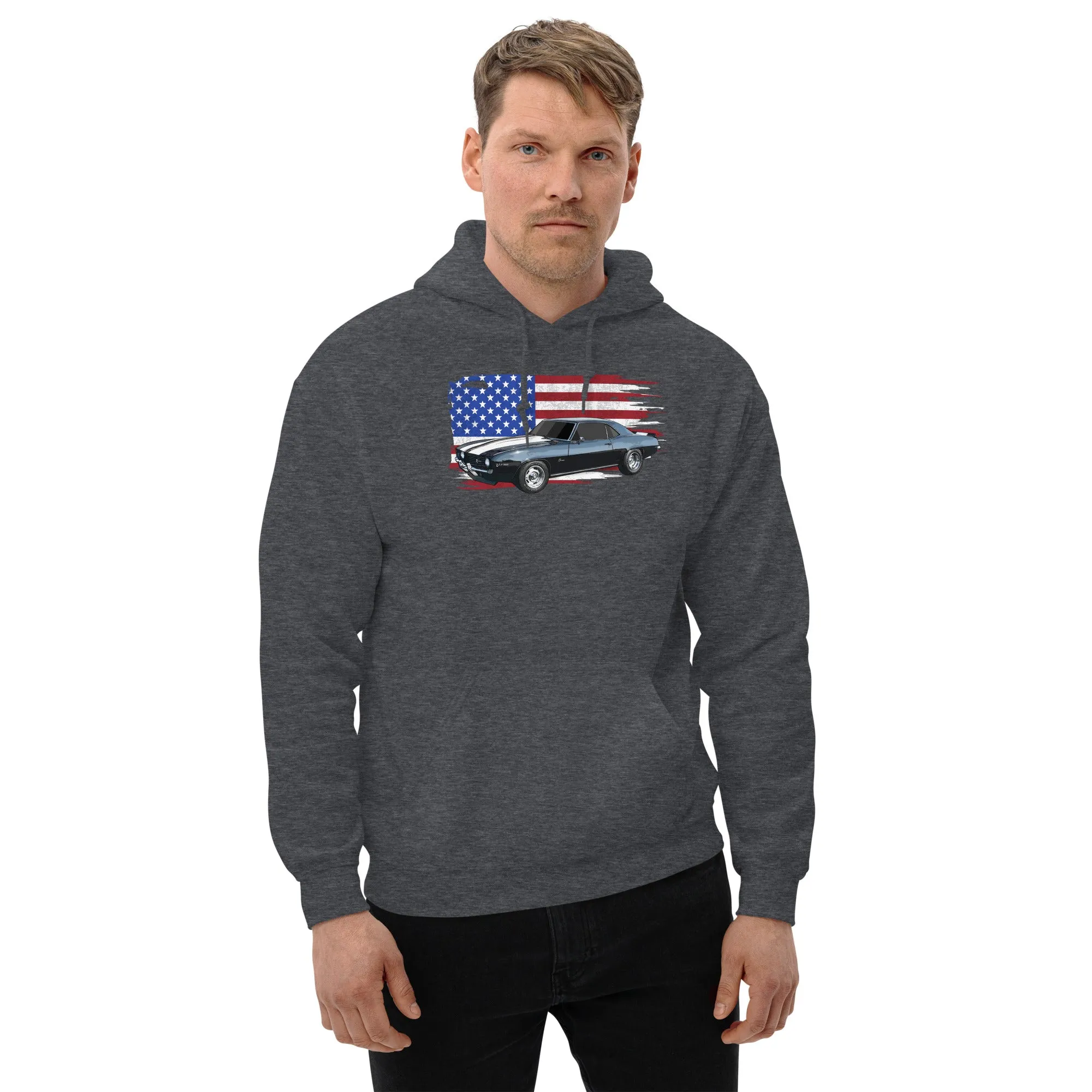 69 Camaro Hoodie With American Flag Background