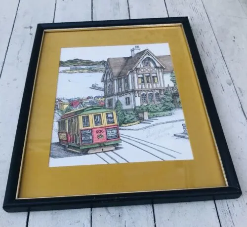 70’s San Francisco Trolly Watercolor Lithograph Signed Debbie Patrick Framed Art