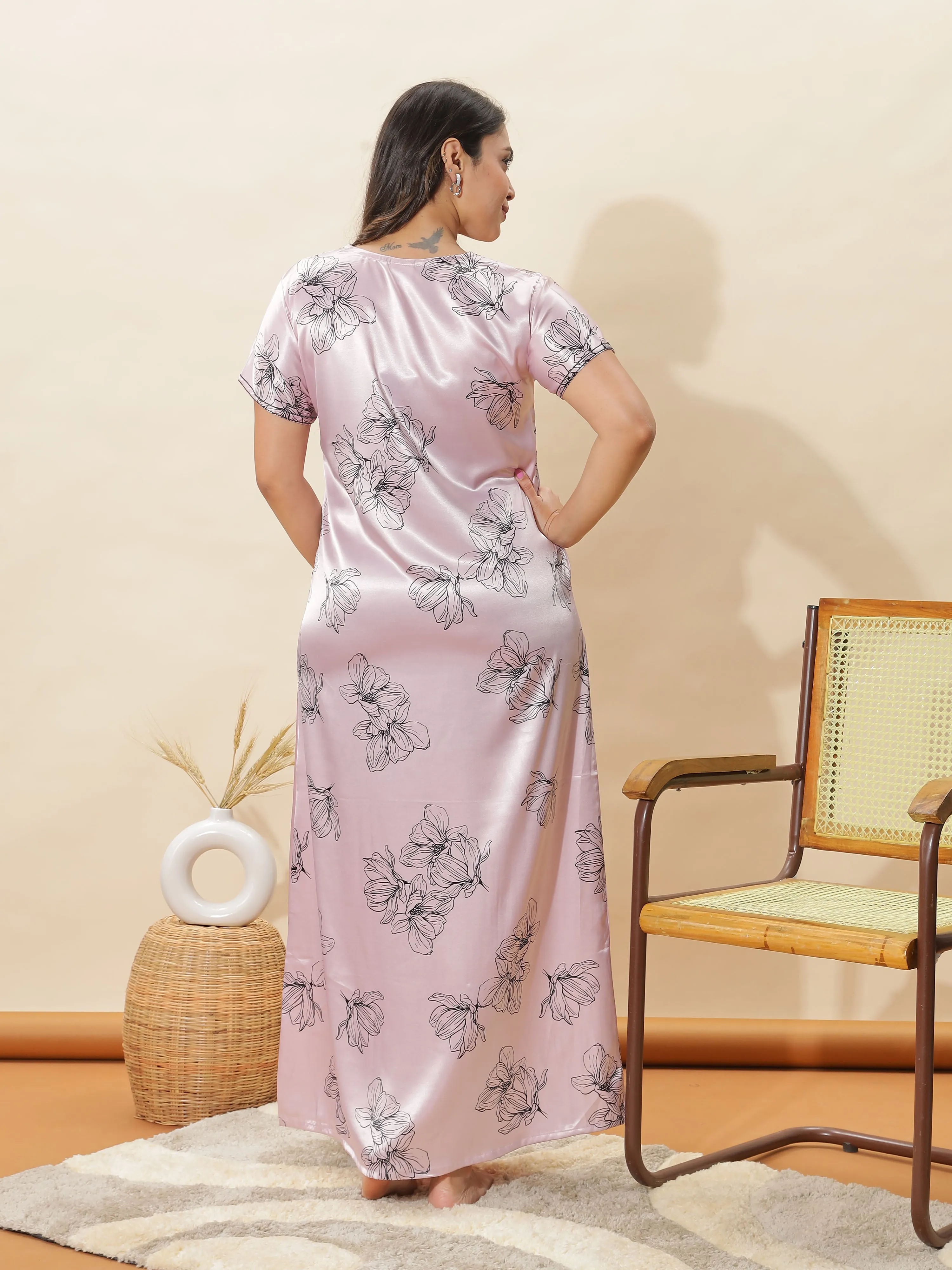 Blush Pink Satin Floral Nighty for Women Luxurious Sleepwear