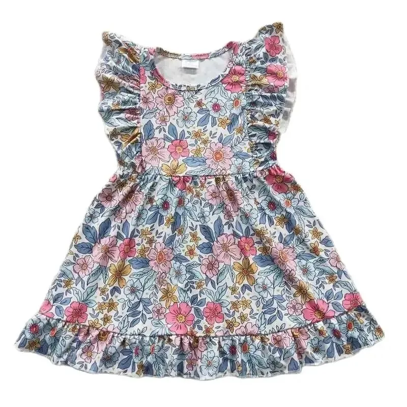 BRIGHT FLORAL RUFFLE ACCENT - Girls Twirly Dress Kids