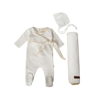 Citrine Gauze Wrap White Gold Layette Set (Footie , Bonnet & Blanket)