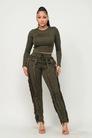 Crop Top And Fringes Detail Pants Set