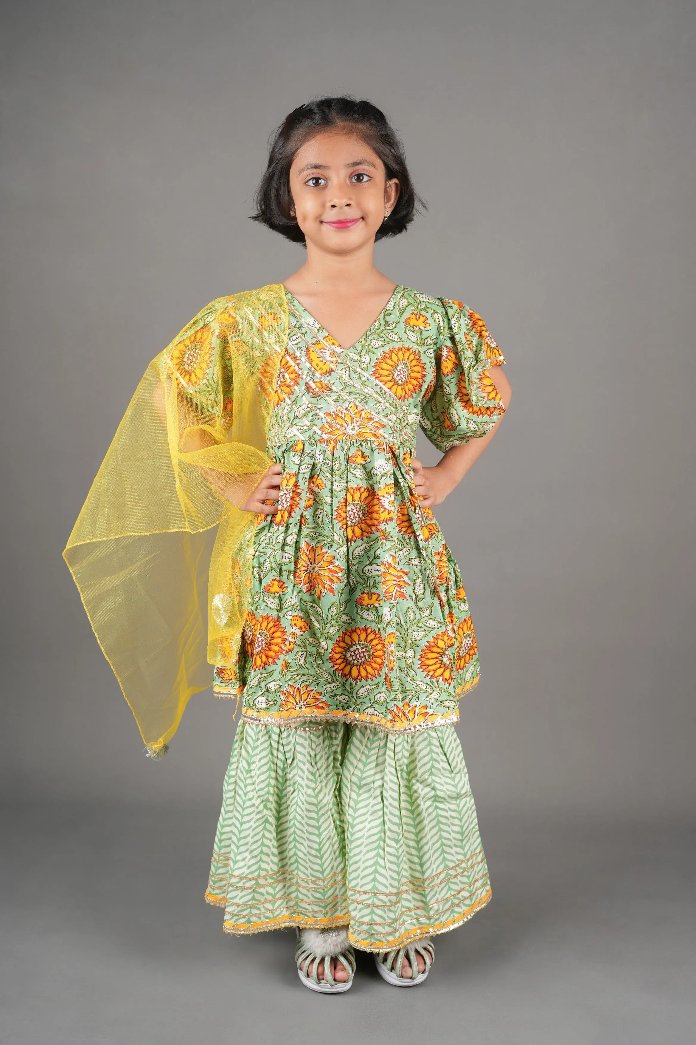 Green Angrakha Gota embellished Kurta with Bell Sleeves, Sharara and Dupatta- Dark Green/Light Green