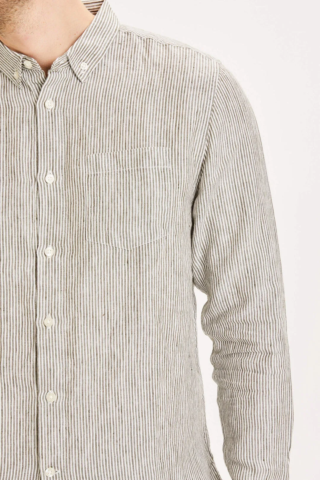 Knowledge Cotton Larch Long Sleeve Striped Linen Custom Fit Shirt in Forest Night - GOTS/Vegan