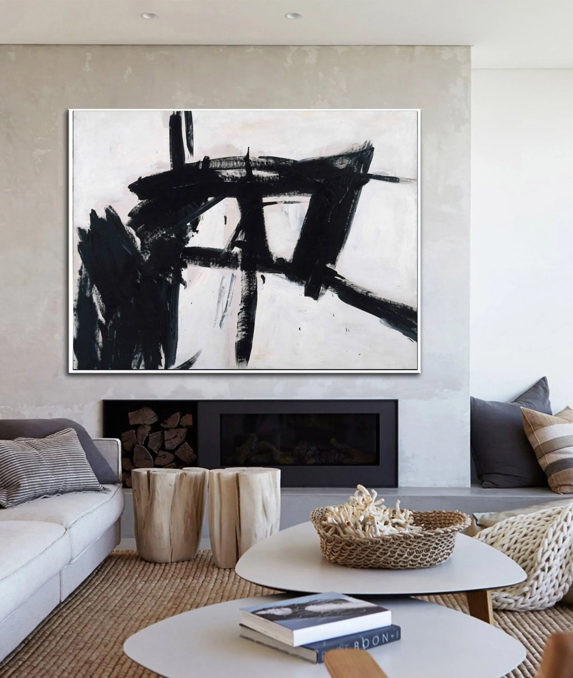 Large Black And White Abstract Painting Minimalist Painting Cp025