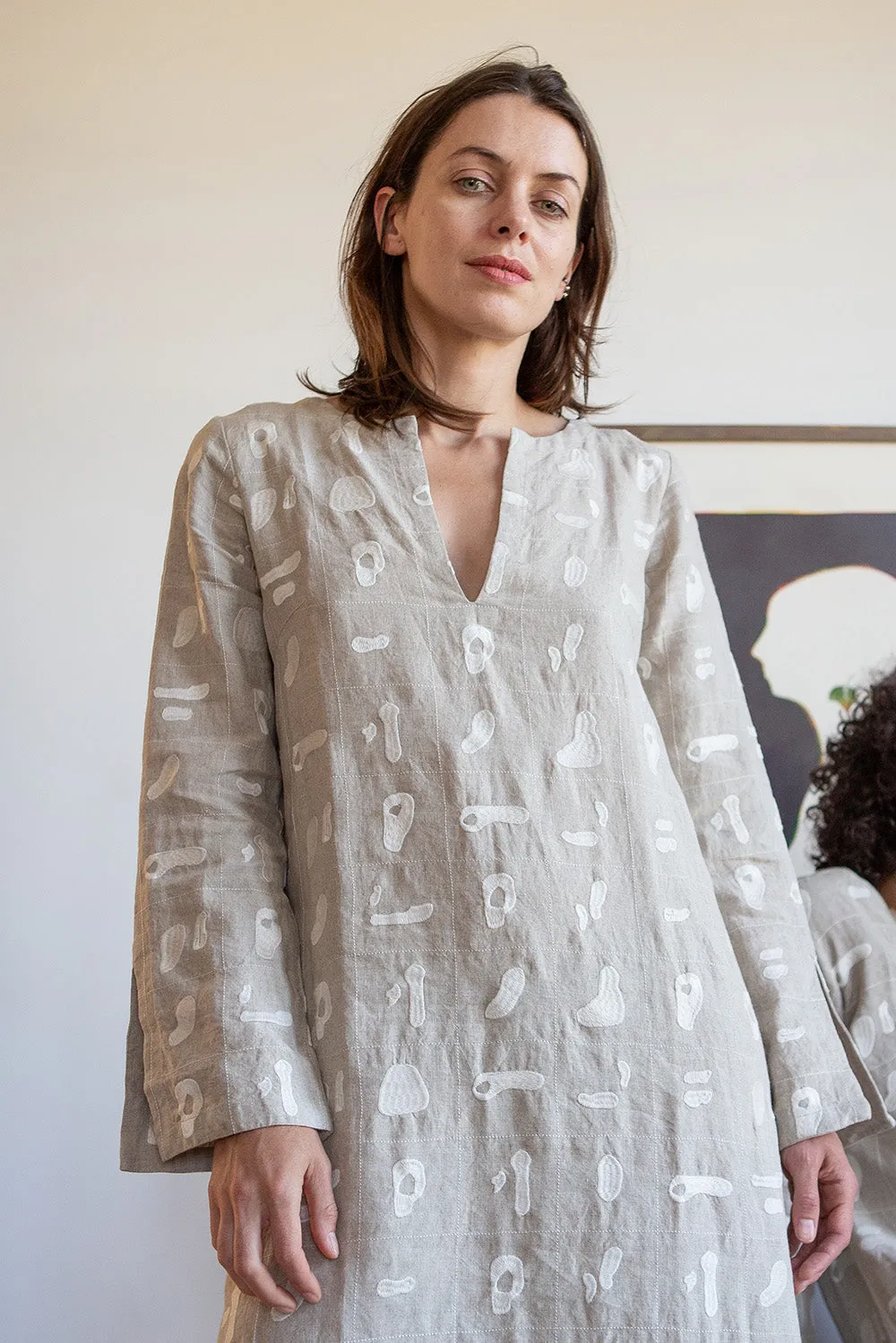 Nava Linen Caftan in Natural Solid Embroidery