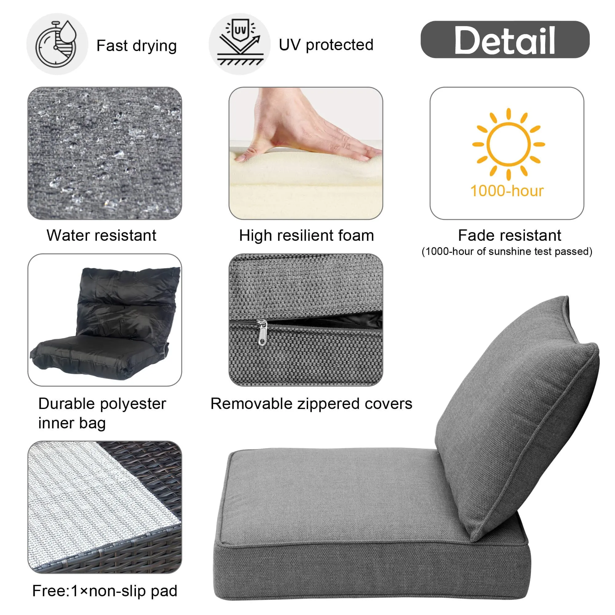 Ovios Replacement Seat Back Cushions Set with Olefin Fabric and Zipper, 25'' x 25'', Not suitable for Ovios Patio Furniture