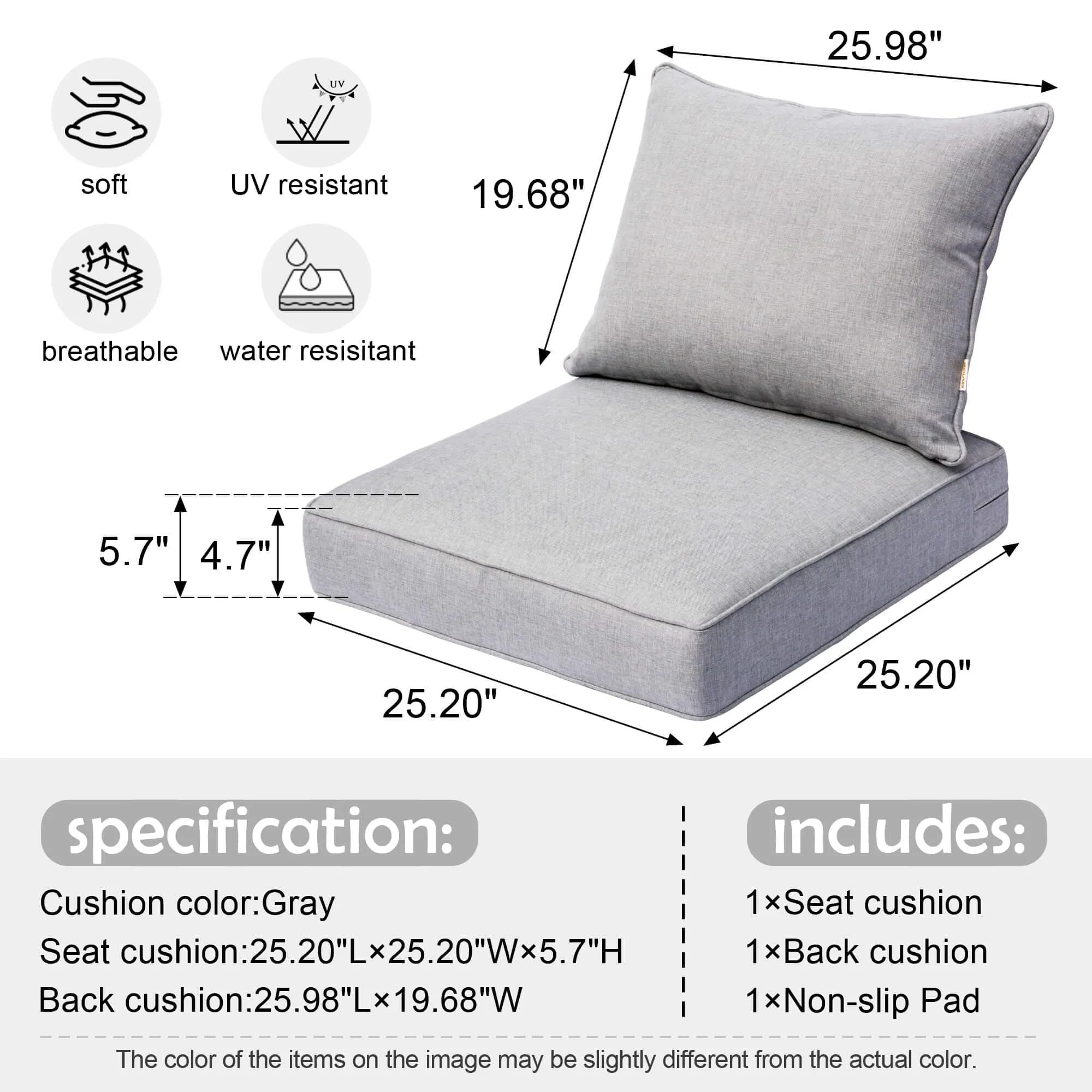 Ovios Replacement Seat Back Cushions Set with Olefin Fabric and Zipper, 25'' x 25'', Not suitable for Ovios Patio Furniture