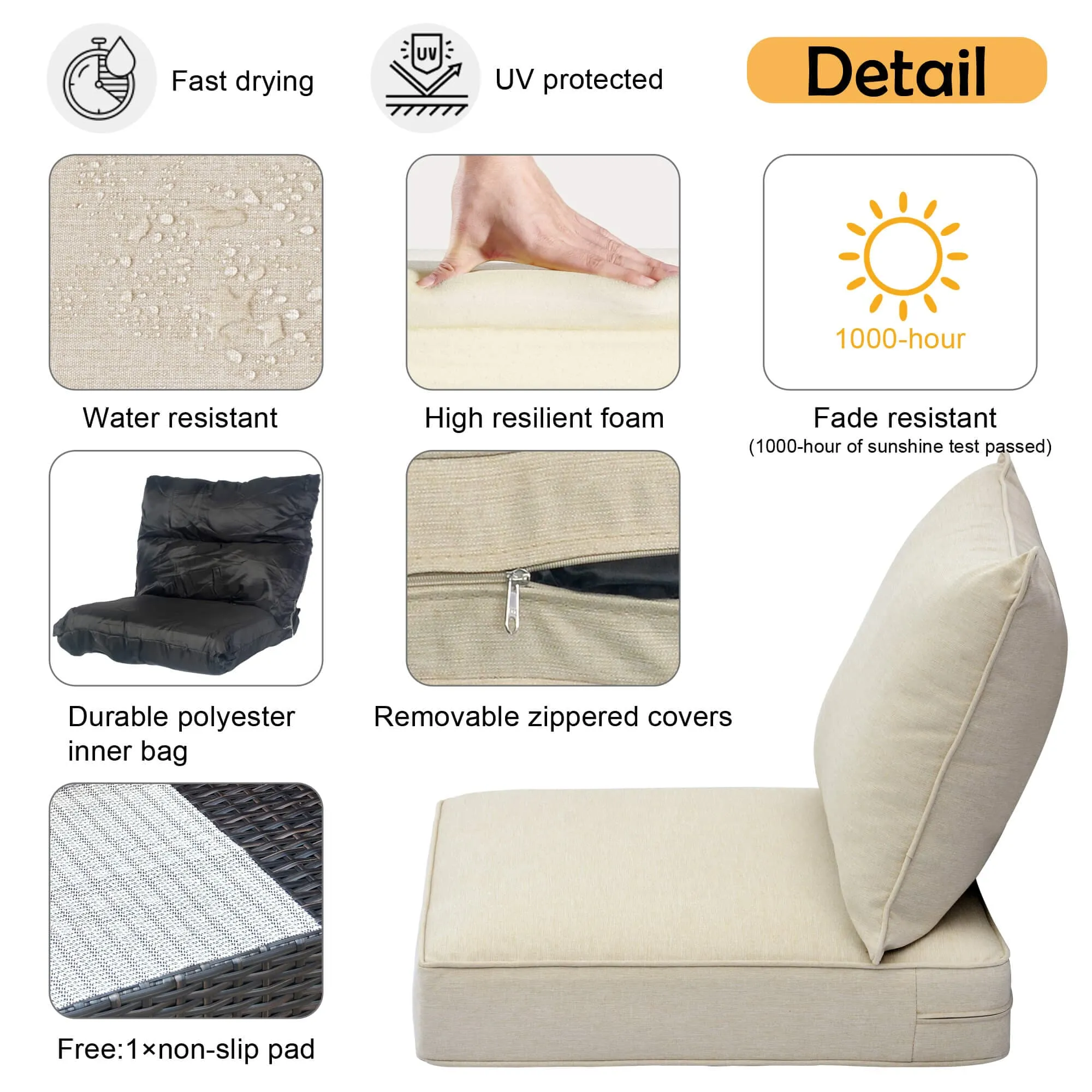 Ovios Replacement Seat Back Cushions Set with Olefin Fabric and Zipper, 25'' x 25'', Not suitable for Ovios Patio Furniture